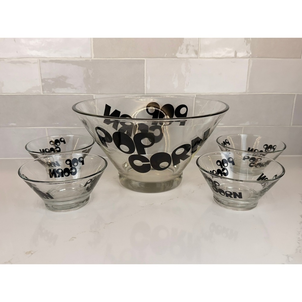 Vintage 1970s Wheaton Glass Popcorn Bowl and Four Individual Bowls